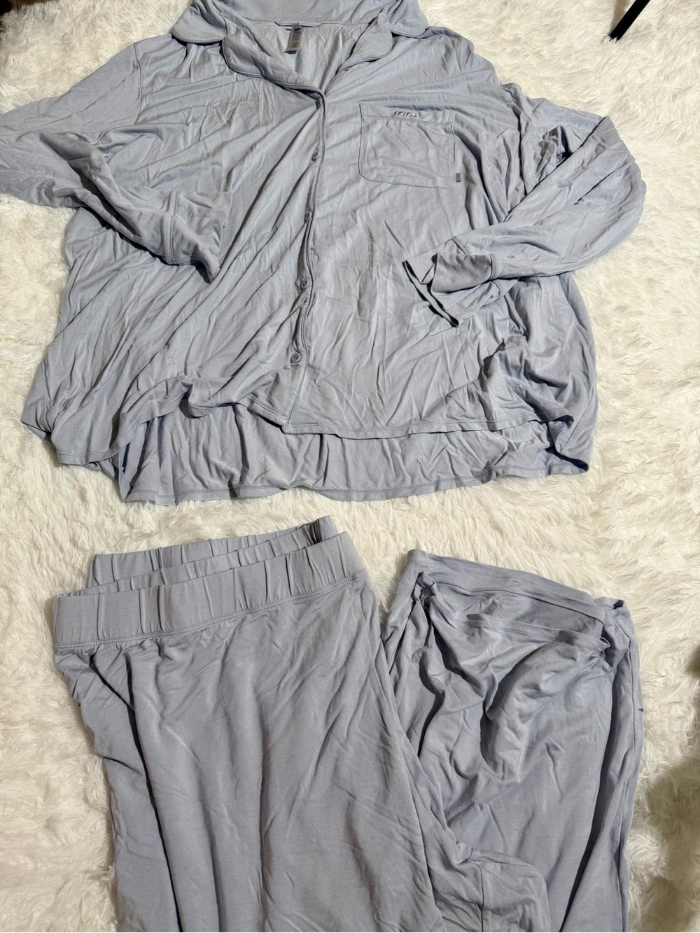 SKIMS 4X Matching Sleep Set Long Sleeve Button Down Top Pants Light Blue Grey